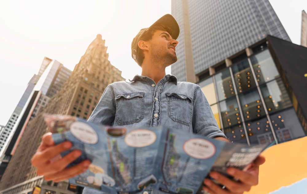 A man stands in front of a cityscape, holding a map and looking thoughtfully at his surroundings